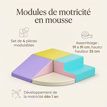 Infographie : modules de motricité en mousse - 4 pièces modulables, 91 x 91 cm