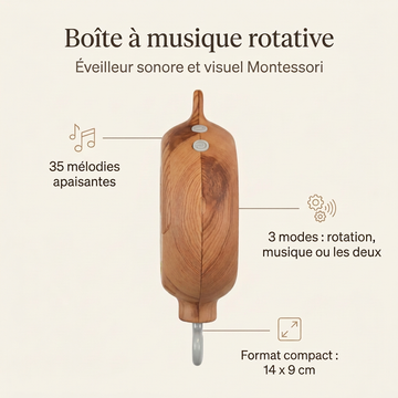 Infographie : boîte à musique rotative - 35 mélodies, 3 modes, format compact