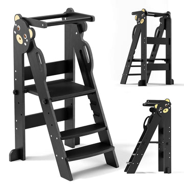 Tour d'apprentissage pliable Montessori motif ours en bois noir