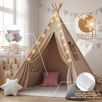 Tipi pliable avec tapis, coussins et lumières