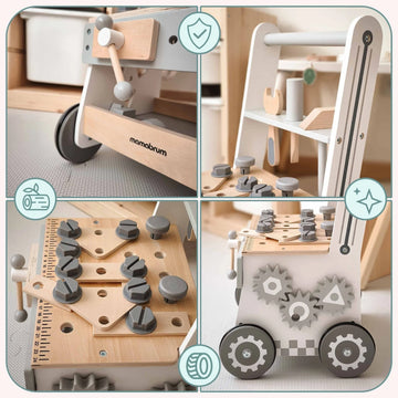 Enfant debout poussant le chariot d'activités en bois naturel