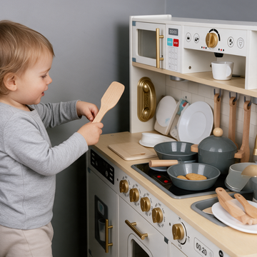 Détail des plaques de cuisson rétro et boutons de la cuisine enfant