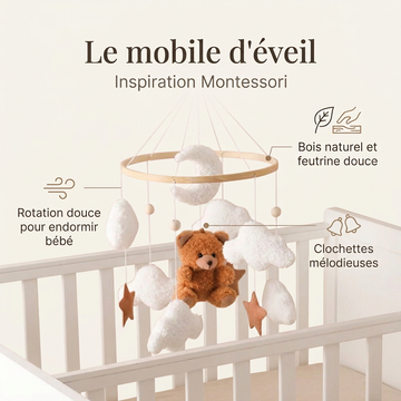 Infographie : le mobile d'éveil en bois et feutrine - bois naturel, clochettes, rotation douce